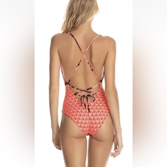 Maaji reversible one piece swimsuit coral floral beige patchwork print plunge - Picture 6 of 13
